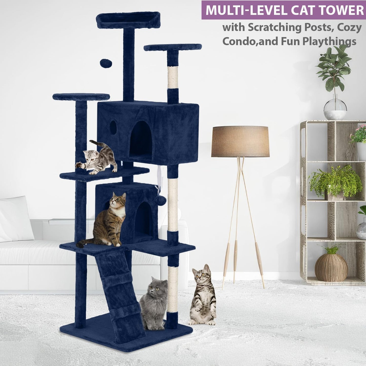 70 Inches Multi-Level Cat Tower for Indoor Cats - XL Tree Climbing Condo With Scratching Posts and Hanging Toys, Navy Blue