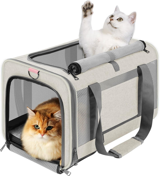 Pet Carrier for Large Cat 20 lbs+ / Soft Sided Small Dog 12 Pounds Travel Crate Top Load/Collapsible Kitty Carry Bag Big Kitten Mesh/Sturdy Animal Transport cage Kennel Long Trips Beige