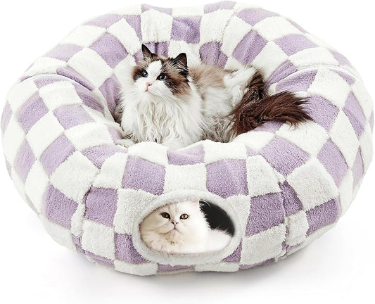 Cat Tunnel Bed with Washable Cushion for Indoor Cat, Donut Cave Tube Toys for Kitten Puppy Rabbit, Purple