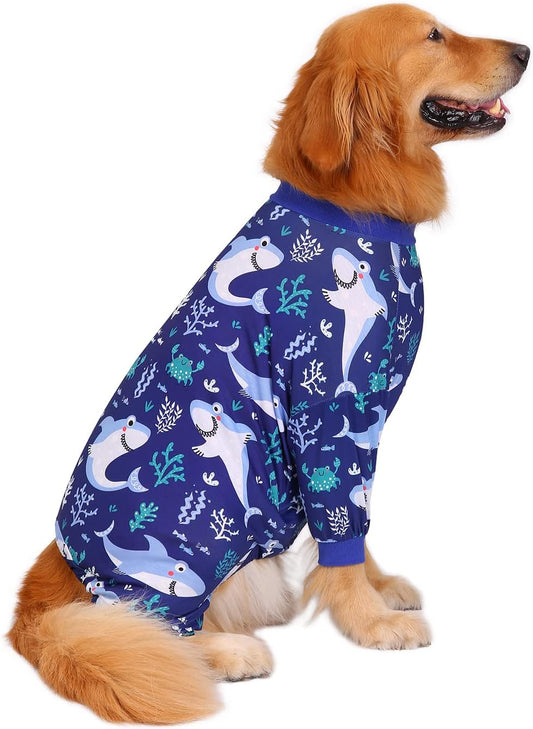 HDE Dog Pajamas One Piece Jammies Jumpsuit Pet Clothes Outfit Stretchy Lightweight Comfy Shirt Pjs for M-3XL Dogs Sharks - M