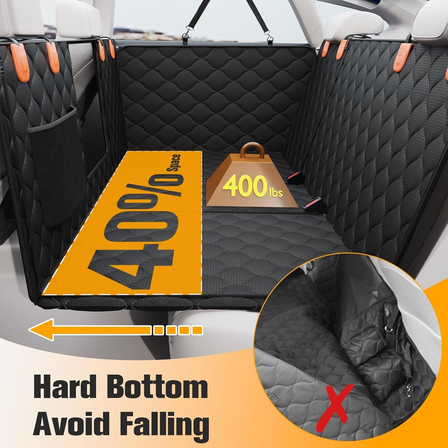 PETICON Convertible Back Seat Extender for Dogs, Dog Car Seat Cover Hard Bottom Holds 400 lbs, Waterproof Dog Hammock Backseat Protector with Mesh Window for Cars, Trucks and SUVs