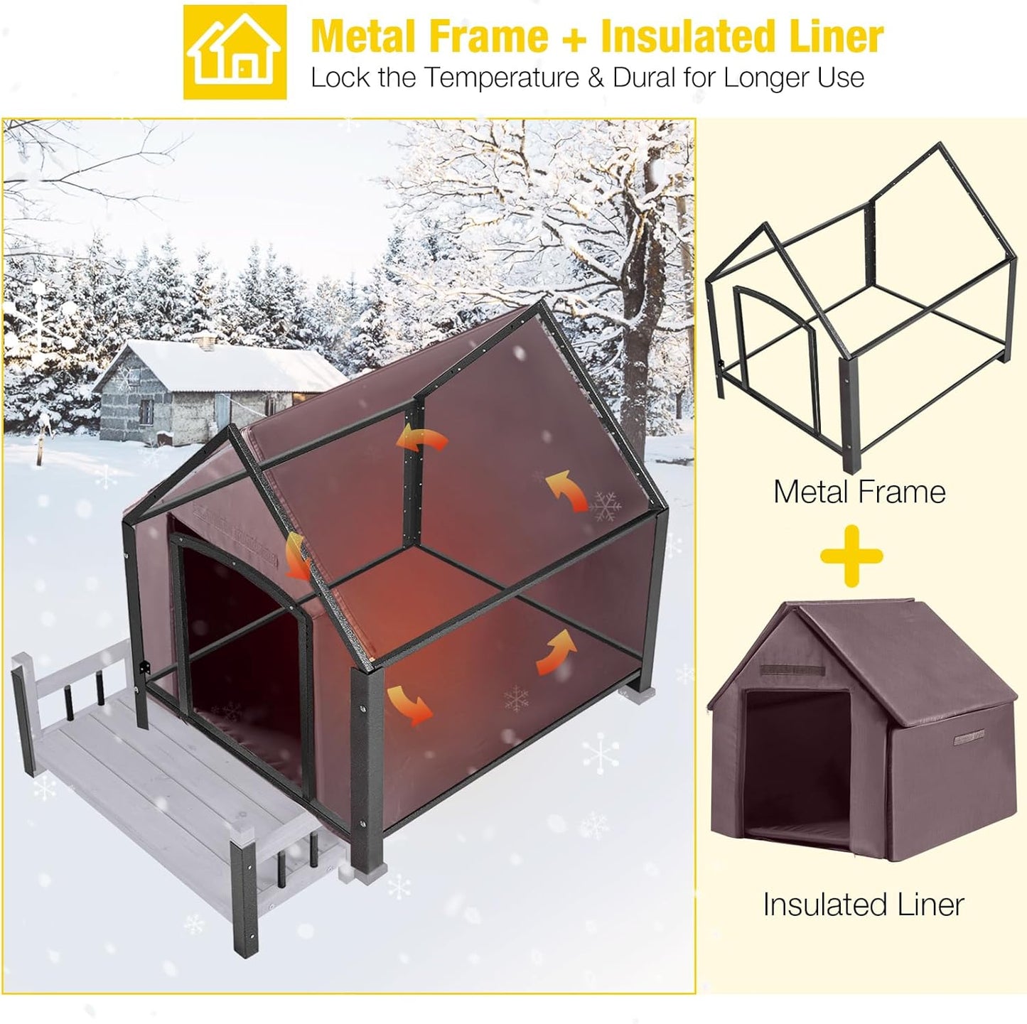 Aivituvin Dog House Outdoor with Metal Frame, Insulated Dog Kennel Outside for Small to Medium Breed, 45" Weatherproof Large Dog Shelter with Anti-Chewing Iron Frame, Grey (45" D x 32.9" W x 32.6" H)