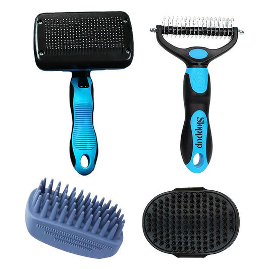 Dog Brush Kit for Grooming Short & Long Haired Dogs & Cats, 4-in-1 Pet Grooming Set with Self-Cleaning Slicker Brush, Deshedding Tool, Shampoo Bath Comb, Massge Comb (Blue Black)