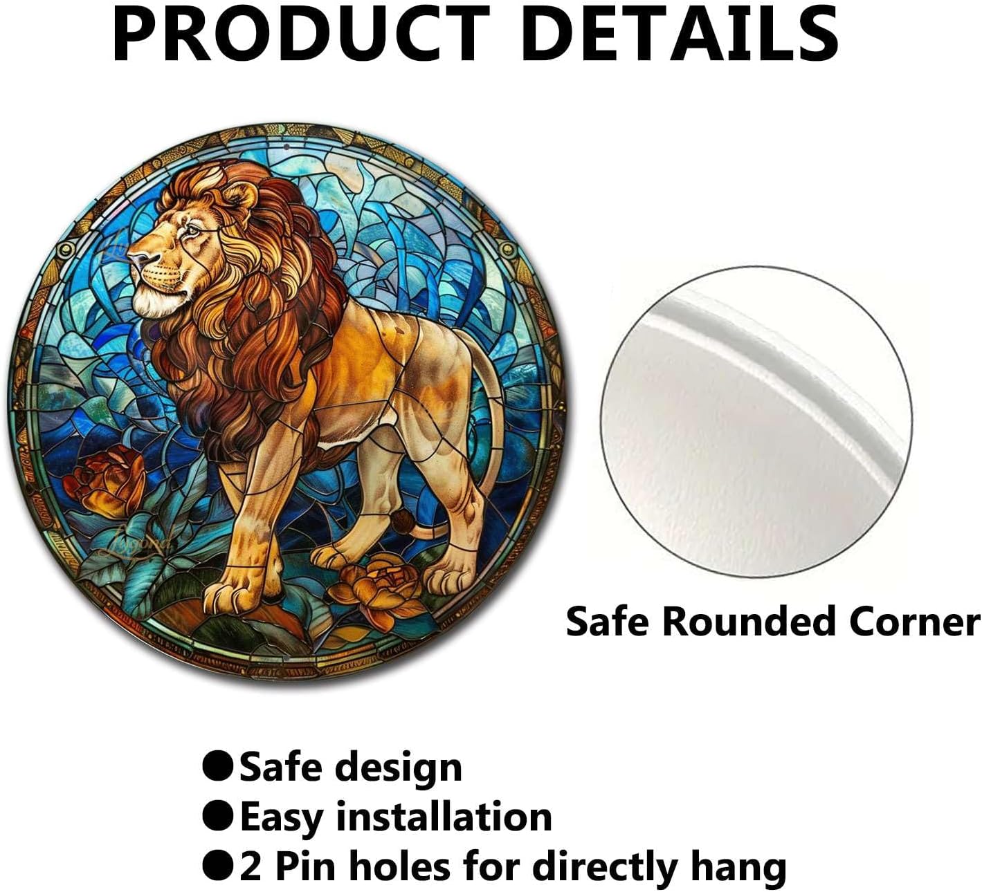 Lygond Metal Sign Tin Sign Circular Stained Glass Lion Garage Sign for Garden 12×12 Inches