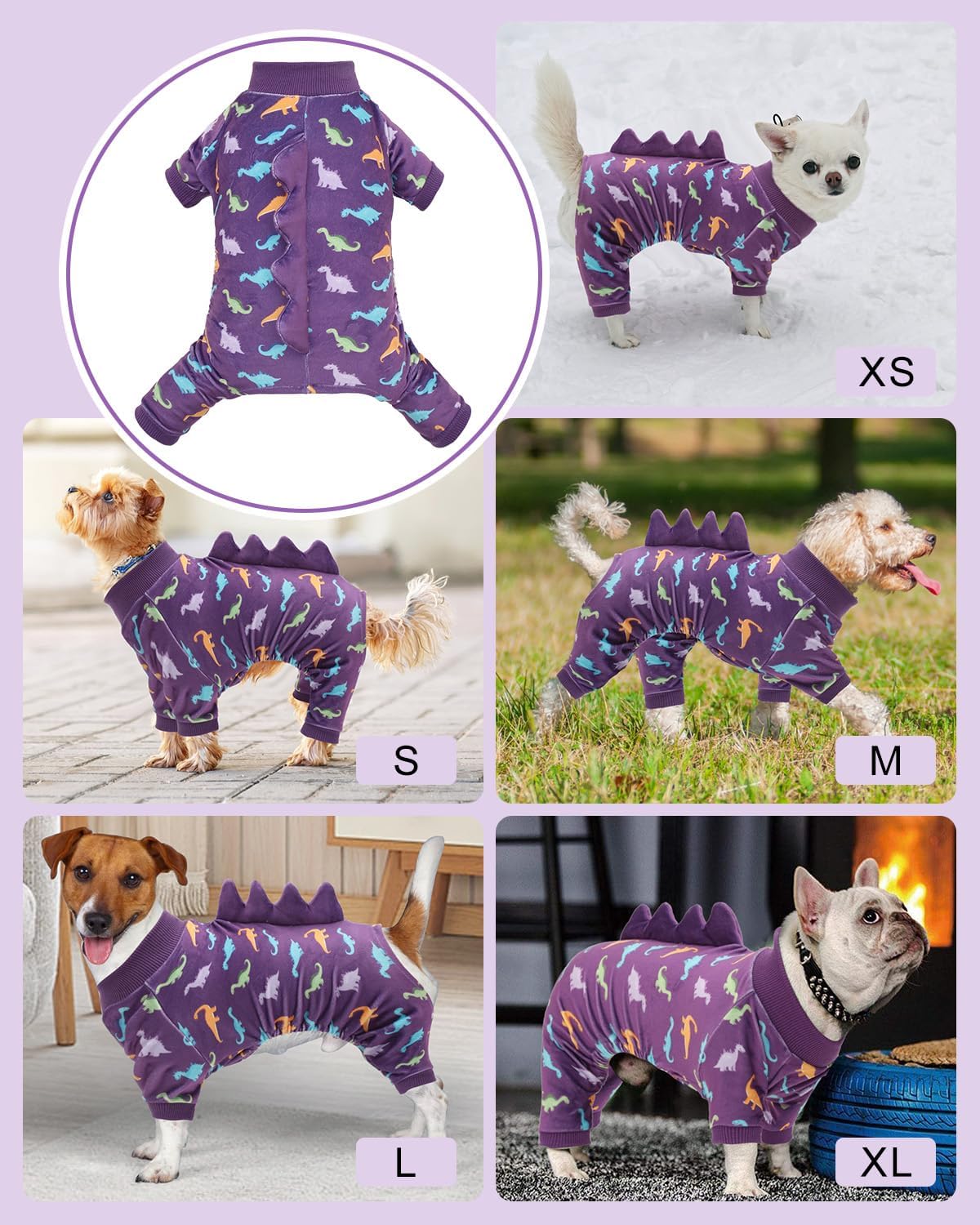 CuteBone Dinosaur Costume Dog Pajamas, Stretchy Spandex Crystal Velvet Sleepwear Coat for Small Dogs, Soft & Warm Pet Outfit Clothes for Cold Weather, Cozy Pullover Design COSP04S