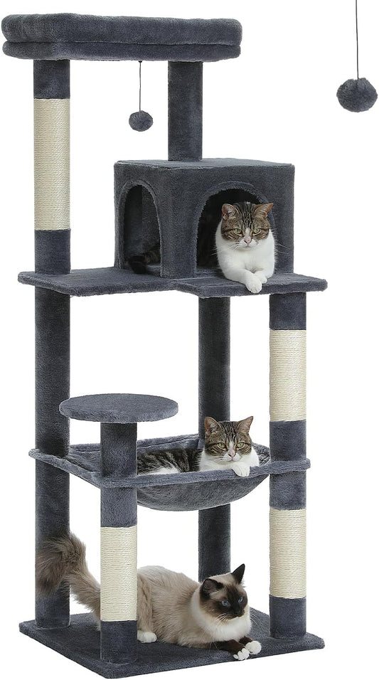 Cat Tree for Large Cats with Metal Plush Big Hammock, 56.3" Cat Tower for Indoor Cats with 2 Door Condo House, 6-Tier Cat Shelves with Scratching Posts and Large Top Perch, Dark Gray