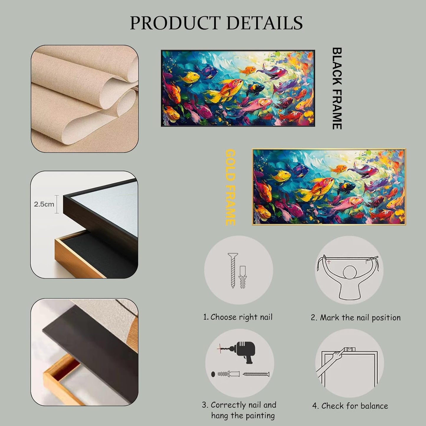 School of Fish Printed Canvas Wall Art – Framed Abstract Ocean Print – Vibrant Fish Wall Decor for Living Room, Bedroom, Office (Gold Framed, 55"x27"|140x70cm)