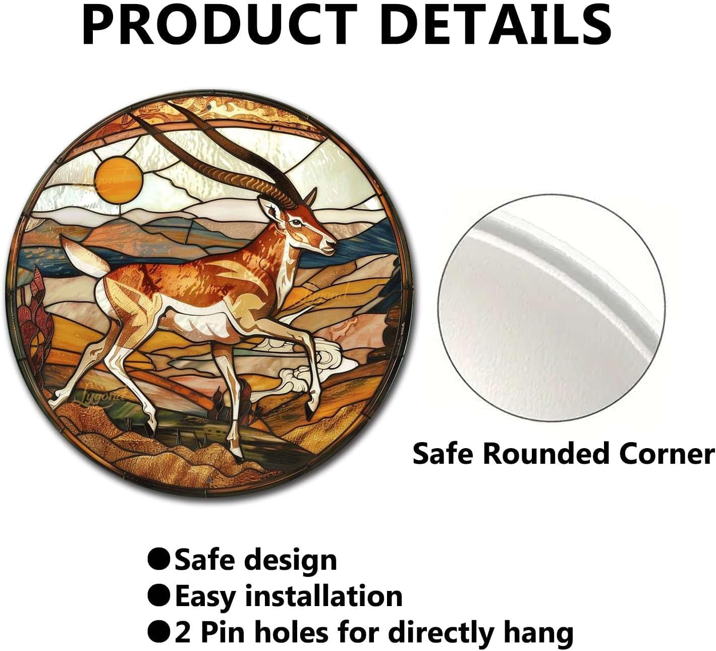 Lygond Metal Sign Tin Sign Circular Stained Glass Pronghorn Home Deccor Store Home Decor for Garden 12×12 Inches