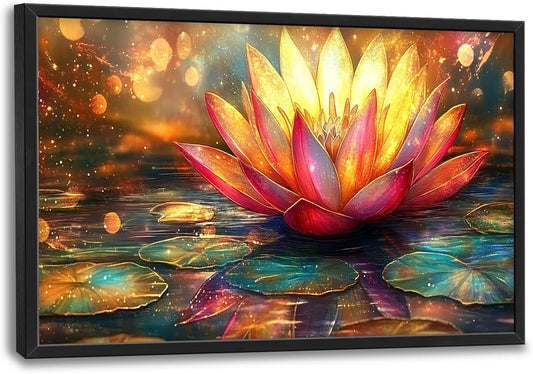 Framed Large Lotus Wall Art for Living Room, Oversized Lotus Flower Wall Decor Zen Golden Floral Canvas Painting Modern Artwork Home Decoration for Living Room Bedroom Office 36"x24"