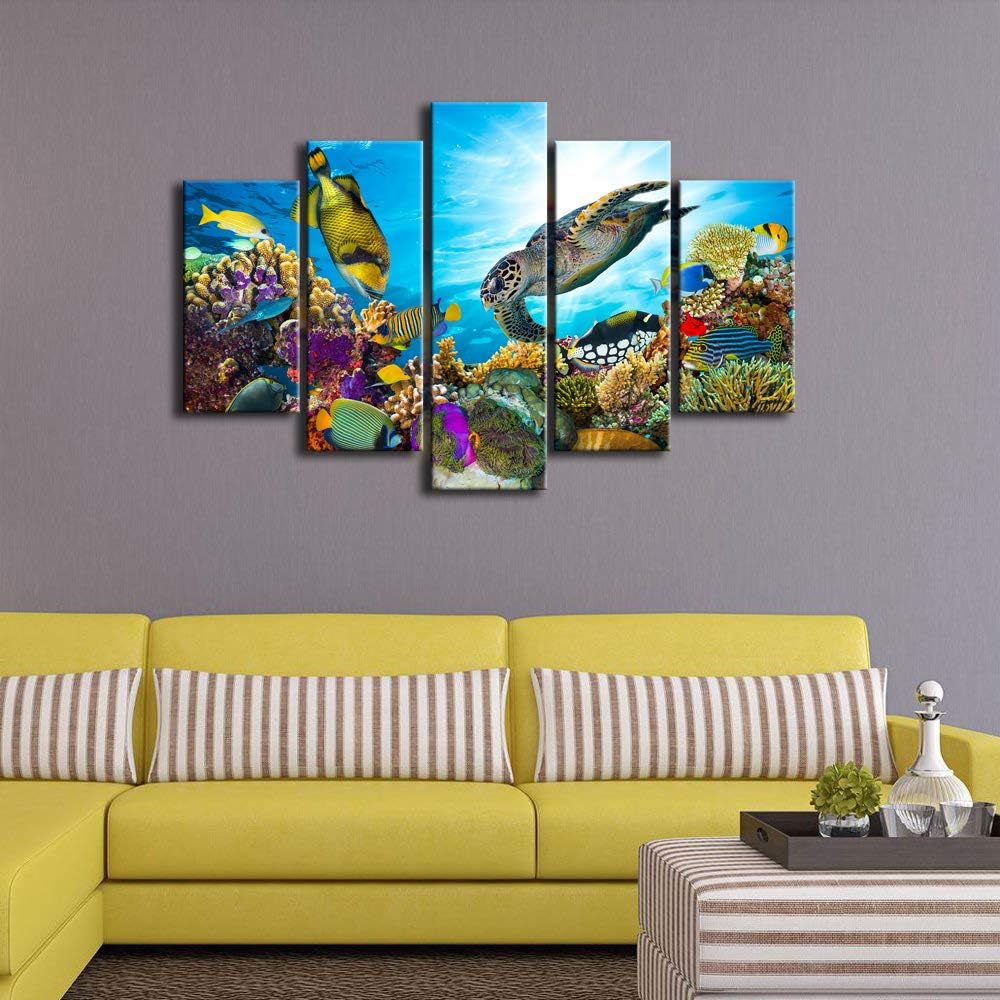Xlarge 5 Piece Underwater World Canvas Wall Art Painting Sea Turtles Tropical Fish Swim on Coral Reef in the Sea Ocean Picture Prints Kids Room Wall Decor Stretched and Framed Ready to Hang 40x60inch