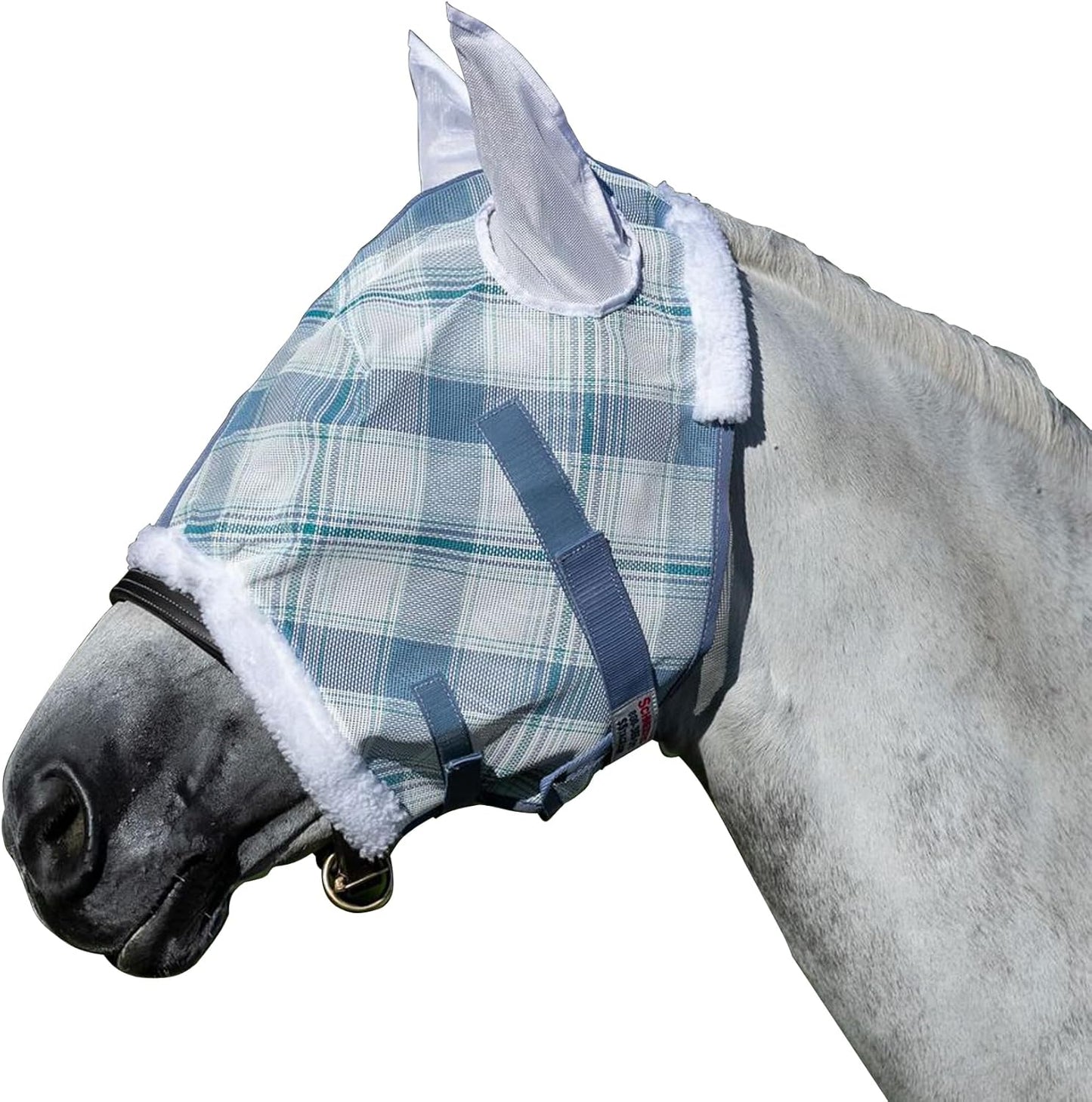Schneiders Dura-Mesh Plaid Fly Horse Mask with Ears | Ultra-Durable 1000D Mesh | 70% UV Protection | Breathable Open Weave | Color Blue Plaid | Size Full Size