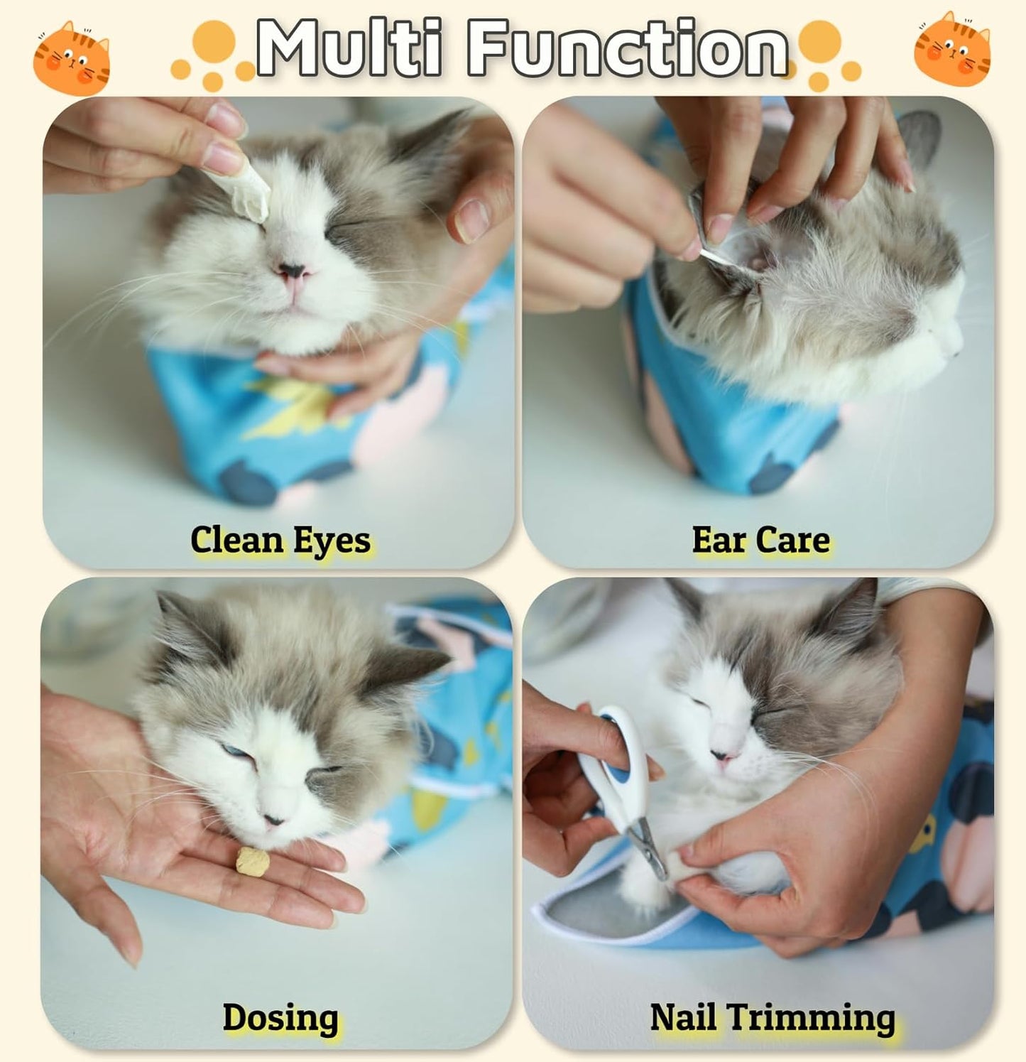 Cat Wrap for Grooming-Premium Cat Grooming Wrap Cat Restraint for Nail Clipping, Self-Adherent Soft Cat Blanket to Wrap Cat Anti-Scratch Anti-Escape Grooming Bag (Blue, M(Within 6lbs))