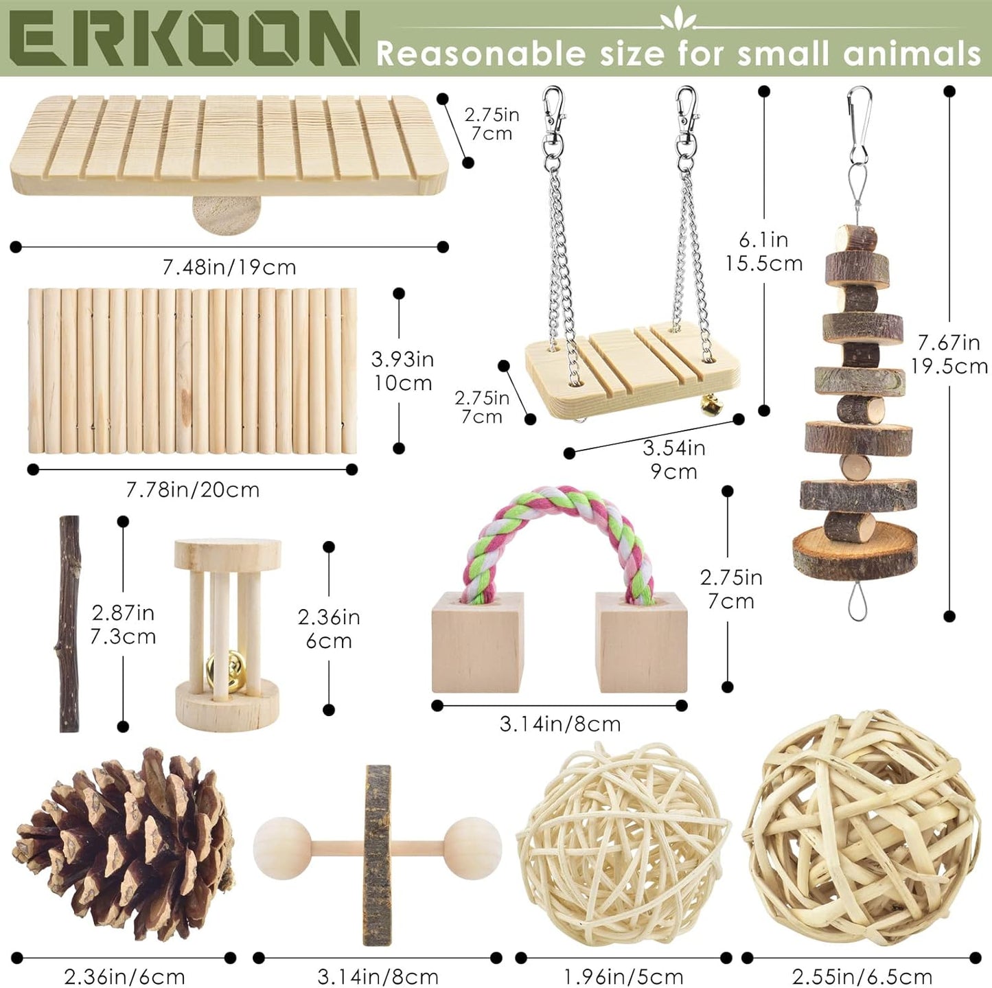 ERKOON New 12 Pack Hamster Chew Toys Gerbil Rat Guinea Pig Chinchilla Chew Toys Accessories, Natural Wooden Dumbbells Exercise Bell Roller Teeth Care Molar Toy for Rabbits Bird Rabbits Hamster Gerbil