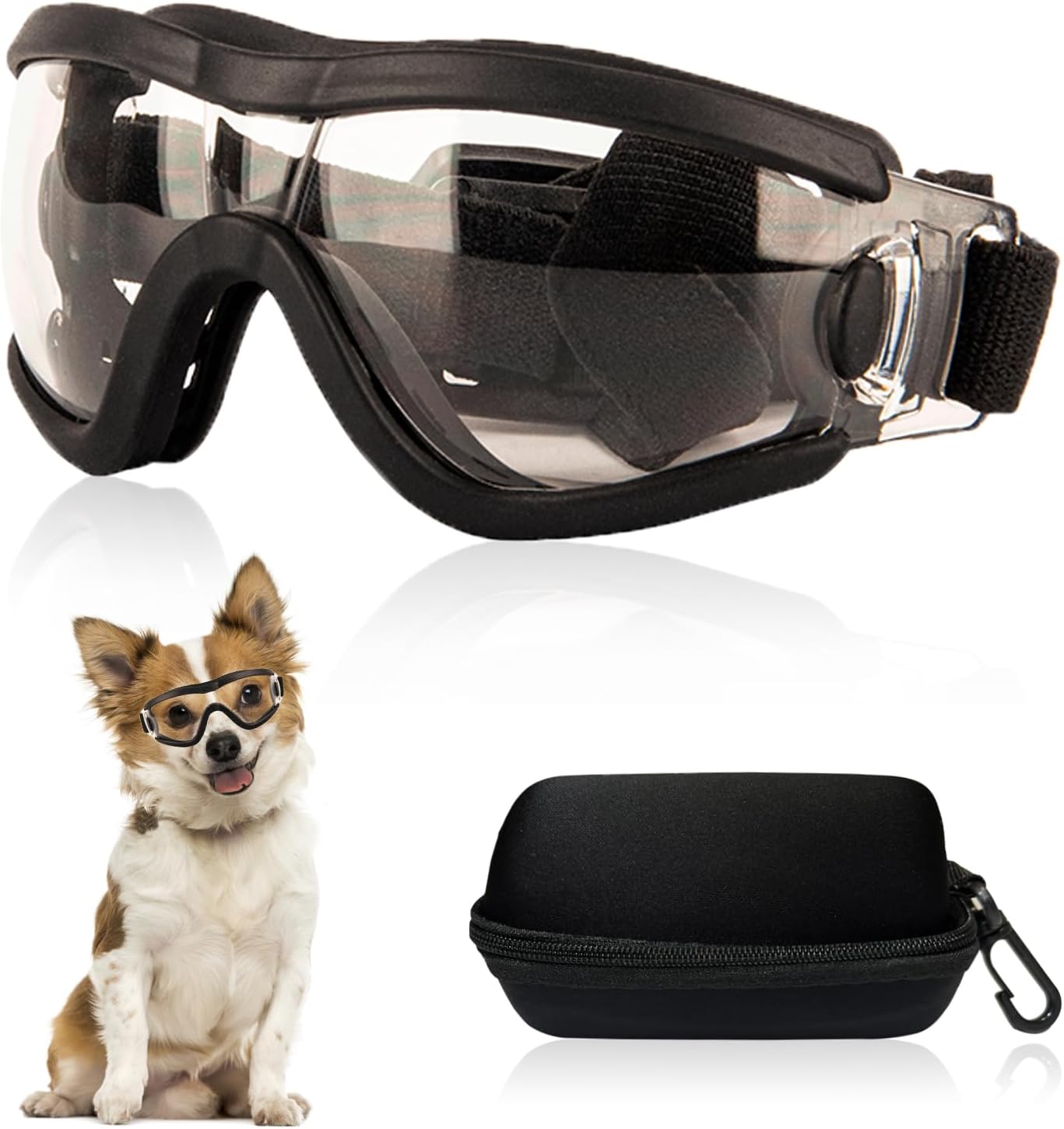 Dog Goggles Small Breed Dog Sunglasses with Adjustable for UV Protection Eyewear Doggy Doggie Puppy Glasses Anti-Fog Wind Dust Snowproof (Black Frame Transparent Lens)