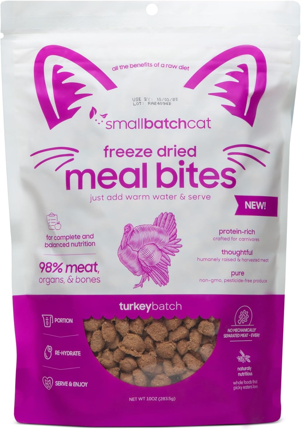 smallbatch Pets Freeze Dried Cat Treats, Raw Dry Cat Food Bites, Turkey Recipe, High Protein Food Topper or Training Treats for Cats, Humanely Sourced Meat, Made in The USA, Non GMO, 10 oz Bag