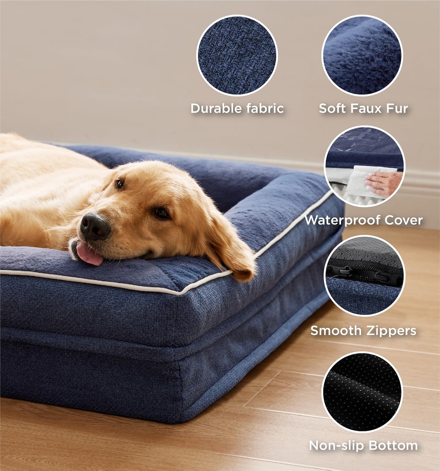 Made4Pets Orthopedic Dog Bed for Extra Large Dogs, Supportive Foam XL Pet Bed Sofa with Washable Removable Cover, Waterproof Large Dog Couch Bed, Non-Slip Bottom and Egg-Crate Foam, Navy Blue