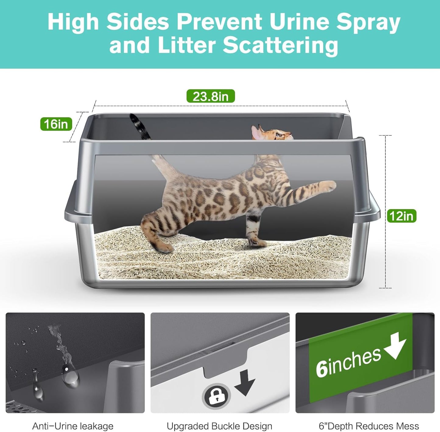 Stainless Steel Cat Litter Box with High Sides Lid, Extra Large XL Litter Box for Big Cats,Enclosed Metal Kitty Litter Pan with Anti-Leakage Enclosure, Non-Stick, Odorless,Scoop Included (Dark Grey)…