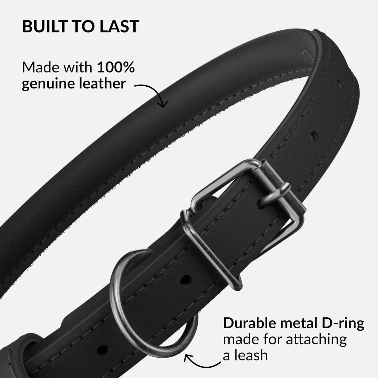 CollarDirect Rolled Leather Dog Collar, Soft Padded Round Puppy Collar, Handmade Genuine Leather Collar Dog Small Large Cat Collars 13 Colors (6-7 Inch, Black Smooth)