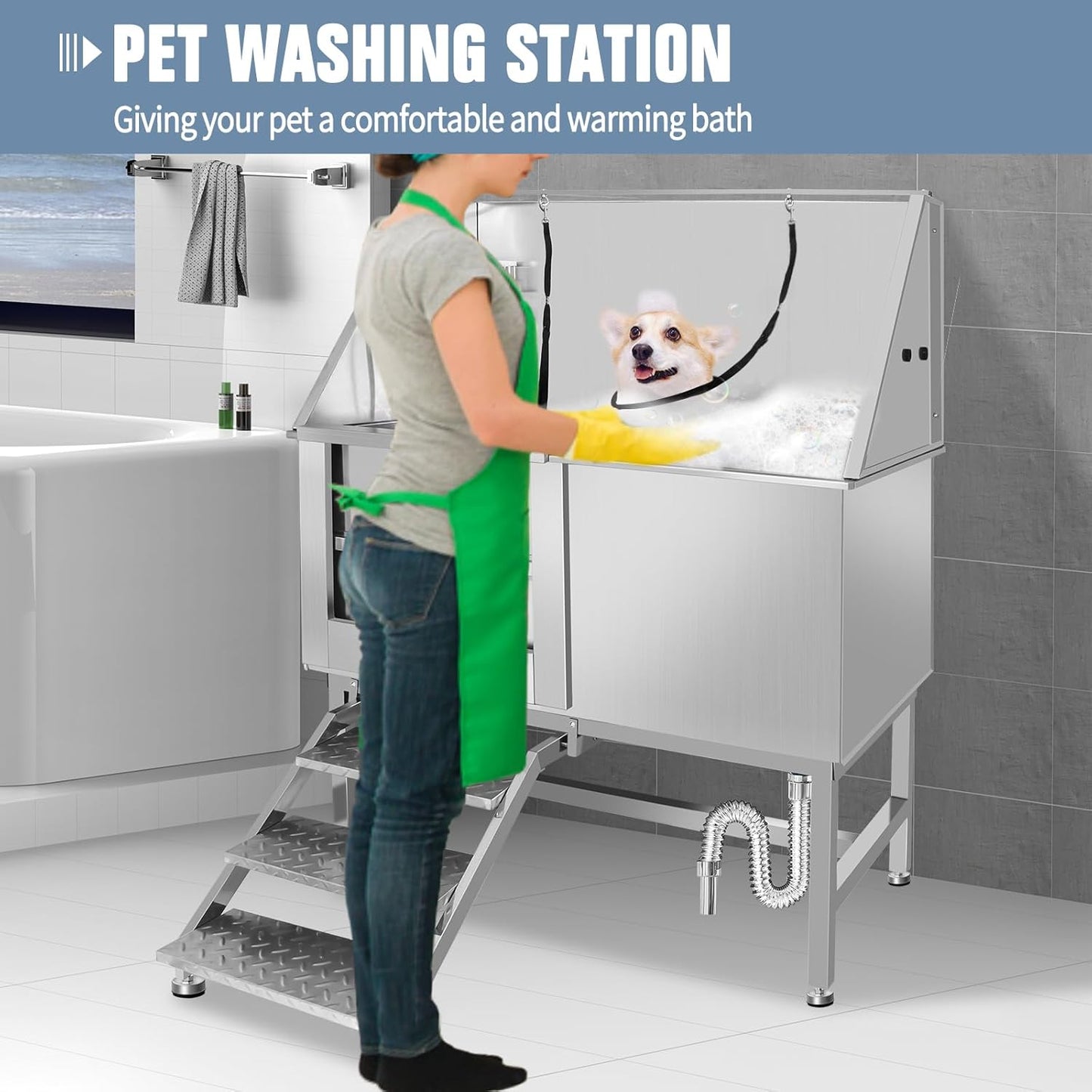 Dog Washing Station 38'' Stainless Steel Pet Grooming Tub for Large Dogs Over-Size Professional Dog Grooming Bathtub Station Wash Shower Sink Pet Grooming Bathtub Station