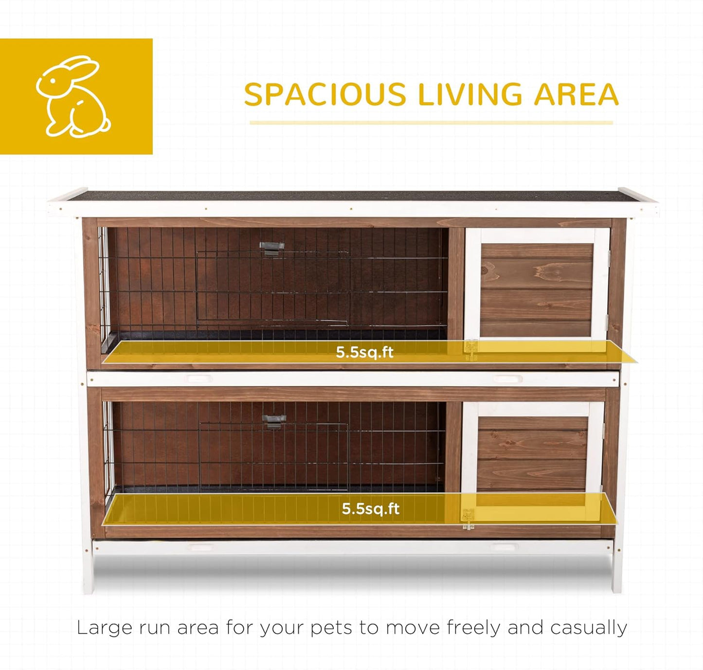 PawHut 54" 2-Story Large Rabbit Hutch Bunny Cage Wooden Pet House Small Animal Habitat with Lockable Doors, No Leak Tray and Waterproof Roof for Rabbits, Chickens, Ducks, Outdoor/Indoor Brown