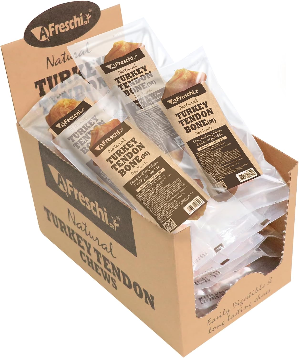 Afreschi Natural Turkey Tendon Bone (M) 20 Units/Box, Dog Treats for Signature Series, All Natural Human Grade Puppy Chew, USA-Sourced Turkey Tendon, Hypoallergenic, Rawhide Alternative