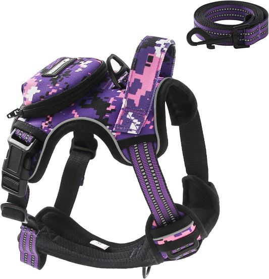 No Pull Dog Harness for Small Dogs, Adjustable No Choke Pet Vest with Dog Leash Fit Smart Reflective Pet Walking Harness for Training Easy Control Soft Handle Purple Camo S