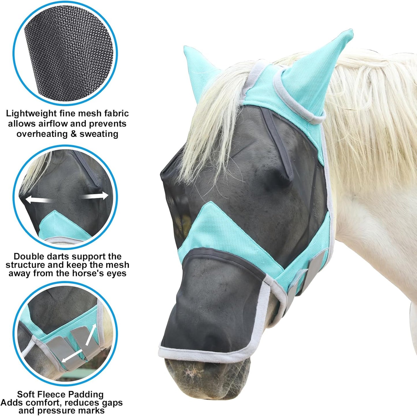 Horse Fly Mask with Ears & Long Nose Cover | Forelock Opening for Tangle-Free Mane Care | UV Protection & Breathable Mesh | No Rub Fit and Enhanced Visbility for Trail Riding Turquoise Cob
