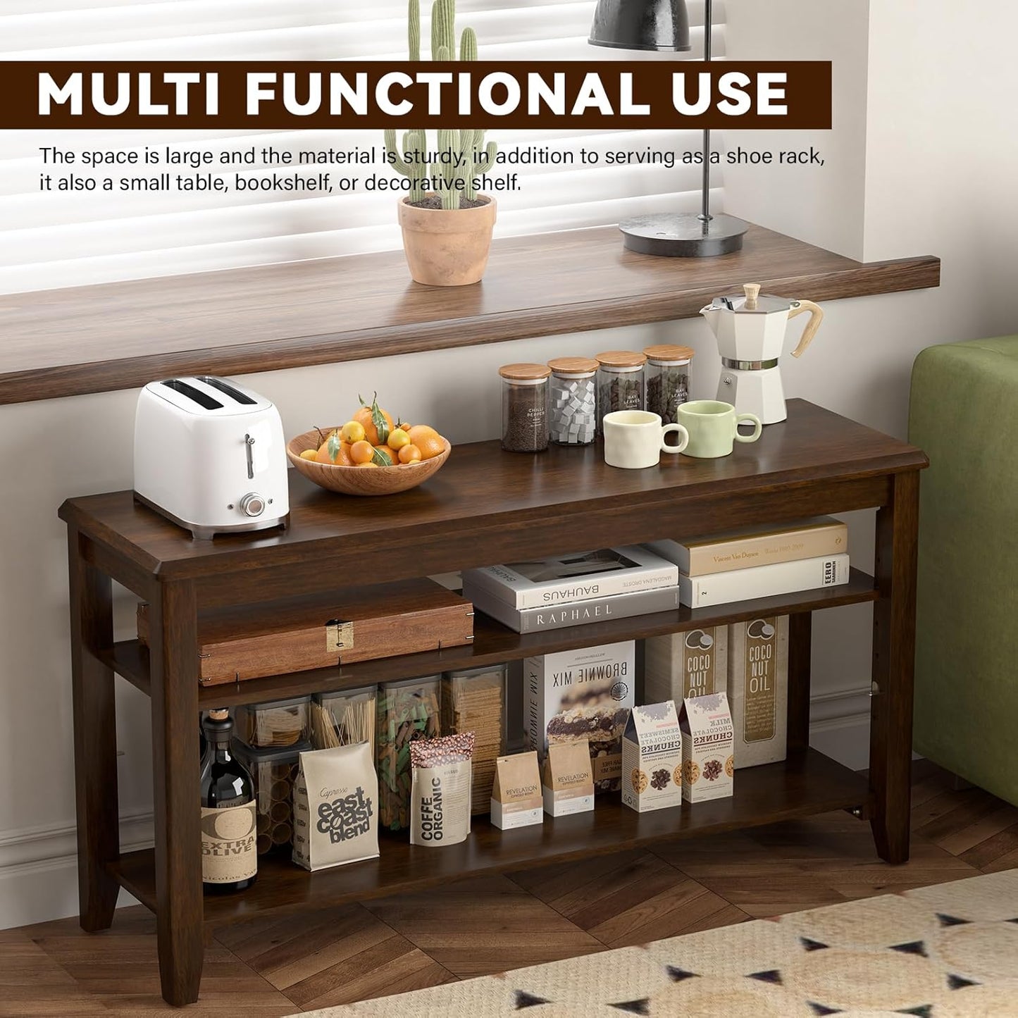 Shoe Bench Storage Rubberwood, Entryway Bench with 3-Tiers Height Adjustable, Shoe Rack Front Door Entrance Organizer for Hallway Living Room, Mudrooms, Walnut,23.6"