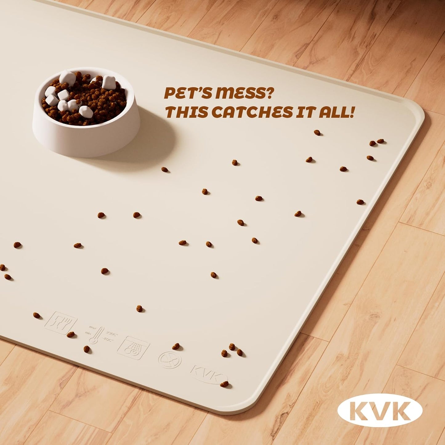 KVK Extra Extra Large Silicone Dog Food Mat 39.4×43.3in and 128oz Silicone Bag Set, Super Size Waterproof Pet Feeding Mat & Container, Non-Slip, Chew-Resistant Floor Protection (Beige&Yellow)