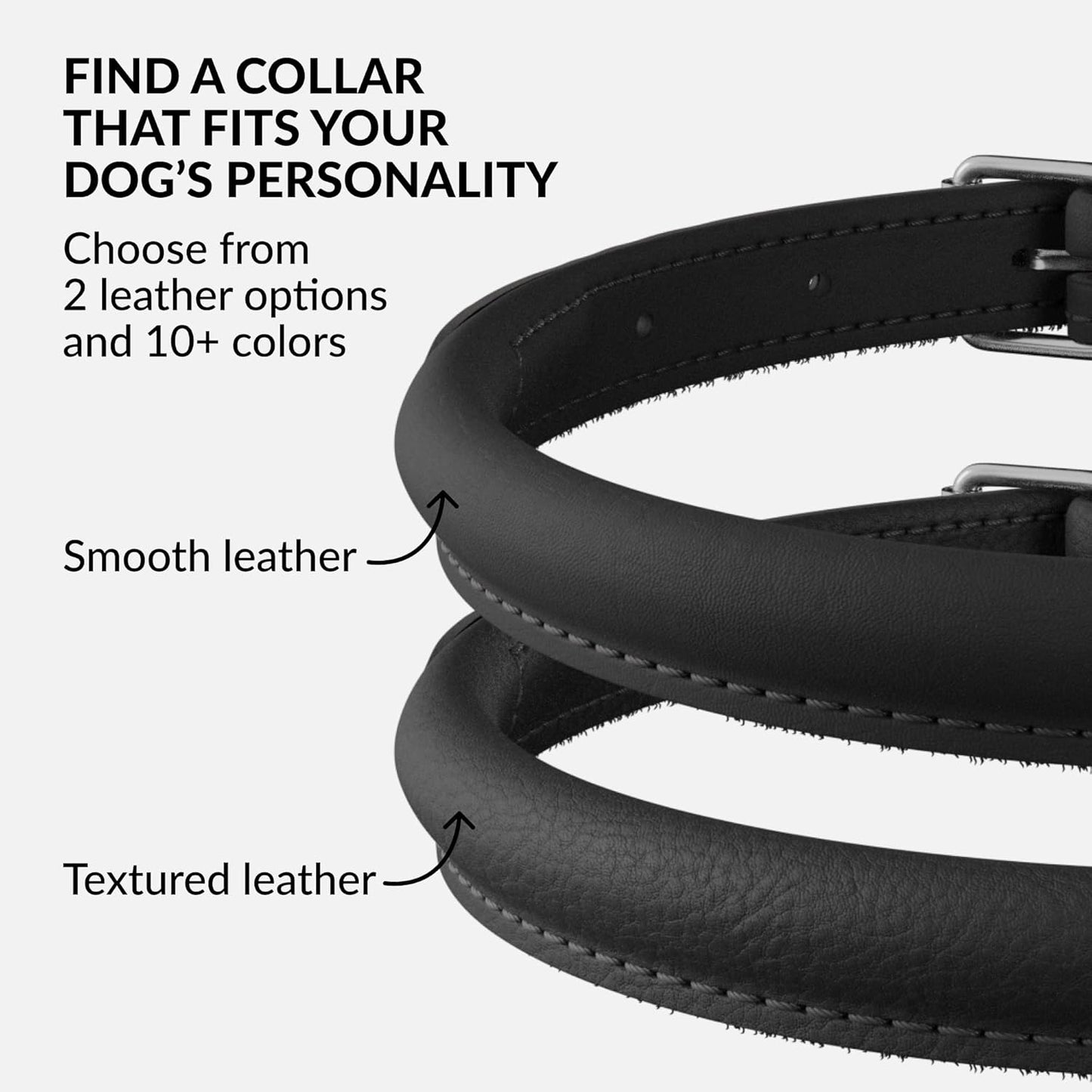 CollarDirect Rolled Leather Dog Collar, Soft Padded Round Puppy Collar, Handmade Genuine Leather Collar Dog Small Large Cat Collars 13 Colors (6 Inch, Black Smooth)