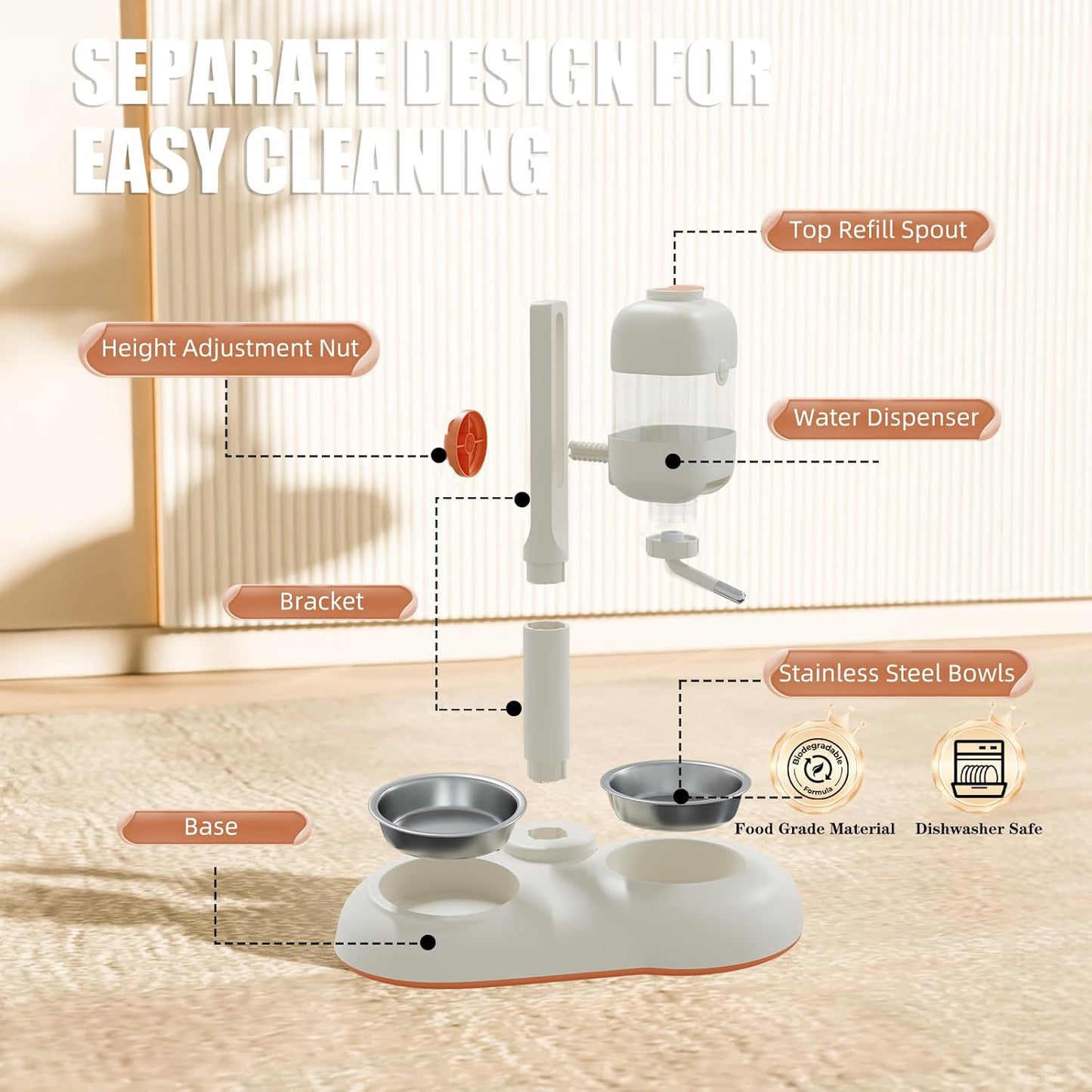 Pet Bowls,15°Tilted Puppy Food Bowls with Puppy Weaning Bottles,3 in 1 Height Adjustable Water Dispenser for Dogs,Pet Food Bowls for Ferrets,Cats,Rabbits and Small Sized Dogs(White)