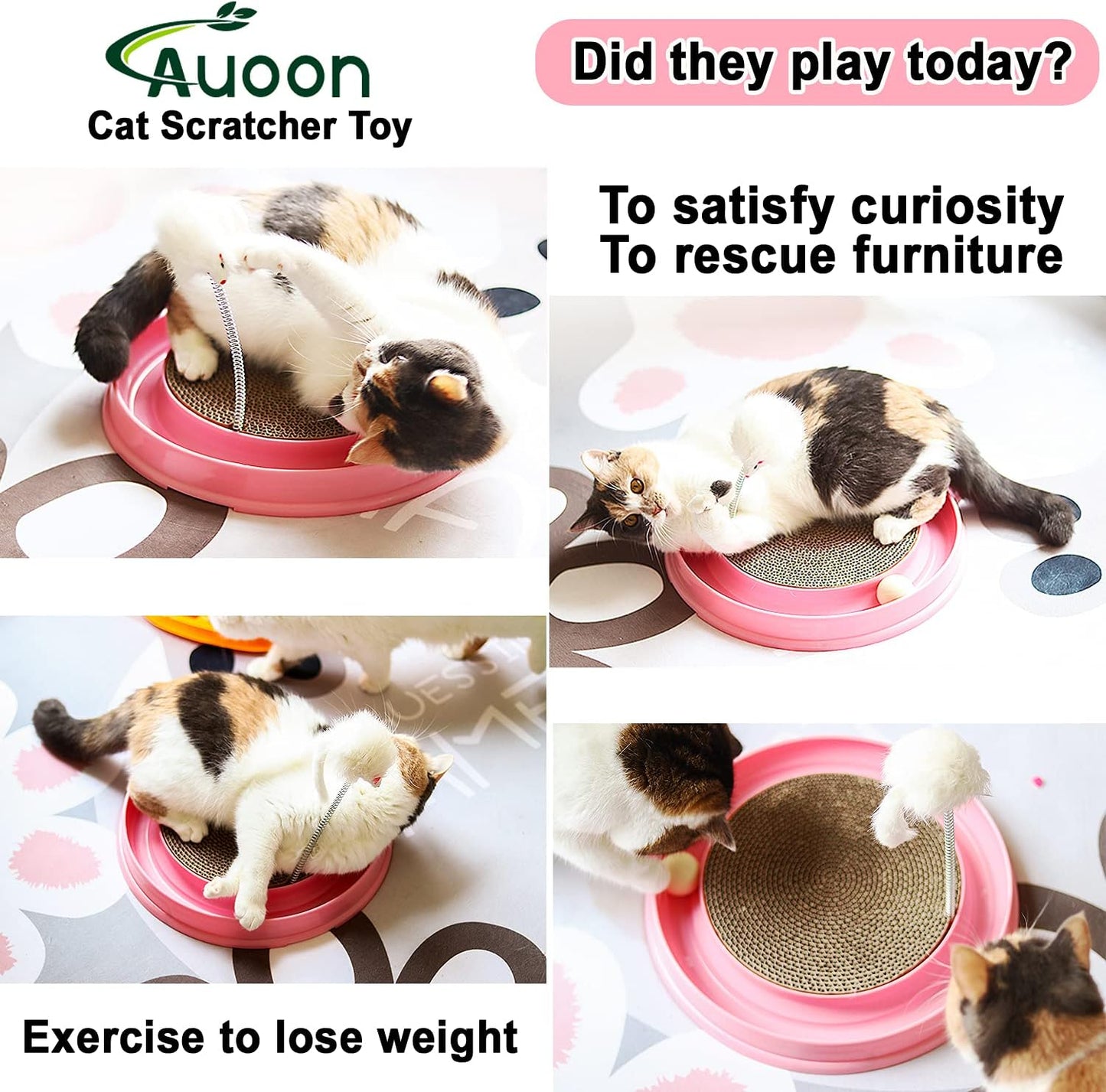 AUOON Cat Scratcher Toy - Cat Scratch Pad with Cat Toy Ball Track and Plush Mouse Toy for Indoor Cats and Kittens (Milk Shake)