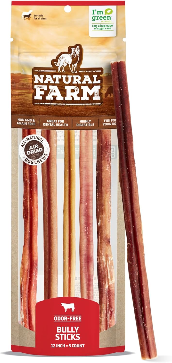 Natural Farm Bully Sticks, Odor-Free (12 Inch, 5 Count), 8.8 Oz. Per Bag, 100% Beef Chews, Grass-Fed, Non-GMO, Fully Digestible Dental Treats to Keep Your Small and Medium Dogs Busy and Happy