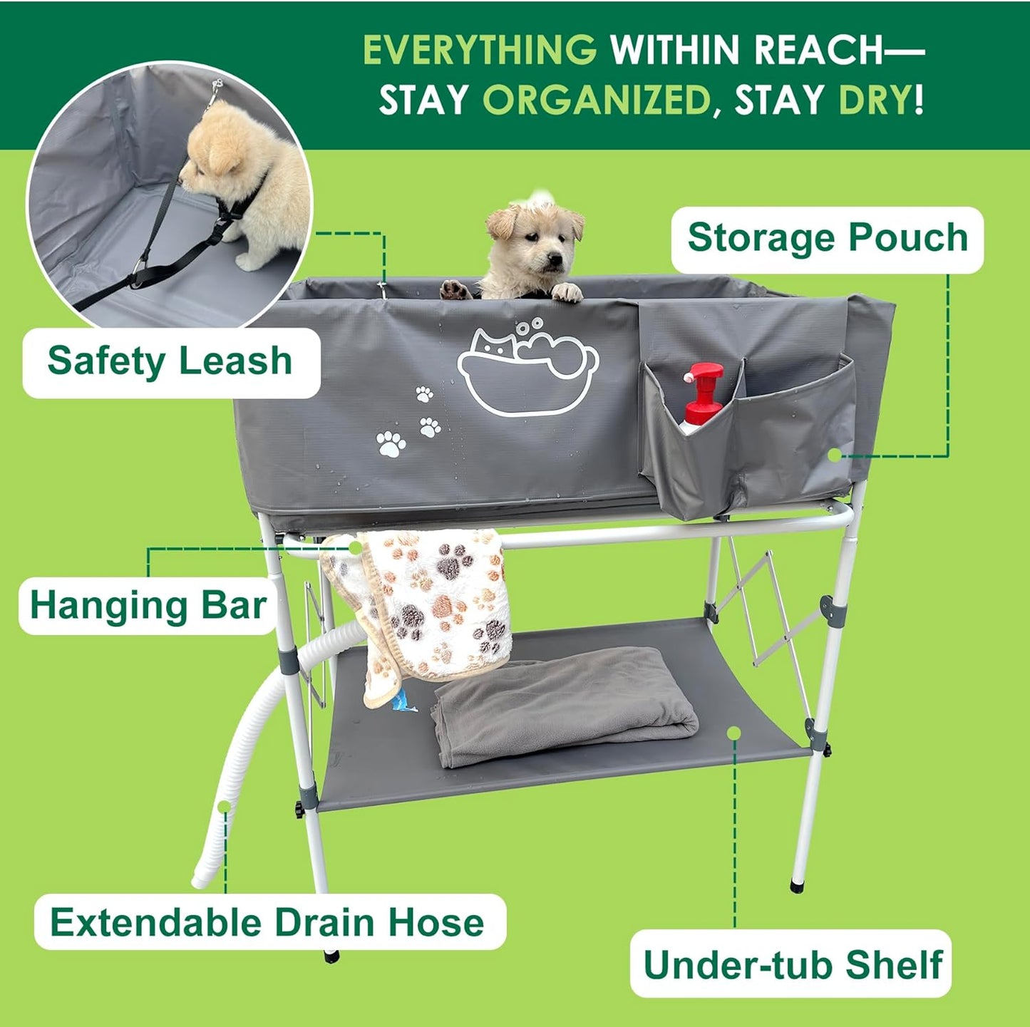 Elevated Dog Bathtub, Portable Dog Washing Station for Home with Towel Bar & Storage, Folding Pet Bath Tub for Small & Medium Dogs