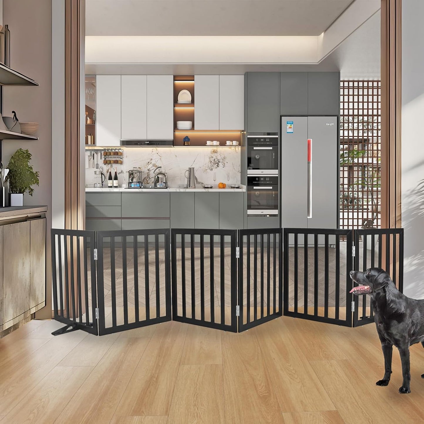 ZJSF Freestanding Indoor Dog Gate for House Foldable Wood Puppy Gate for Doorways Pet Gate for Stairs Extra Wide Pet Fence, Black, 24" Height 6 Panels