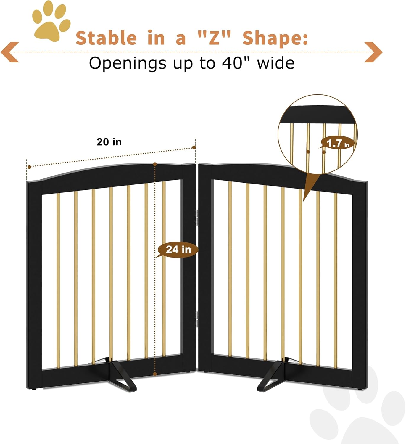 Freestanding Pet Gate for Dogs, Foldable Wooden Dog Gate for House, Stairs, Doorways, Step Over Pet Puppy Safety Fence,Support Feet Included,24" Height 2 Panels, Black&Gold