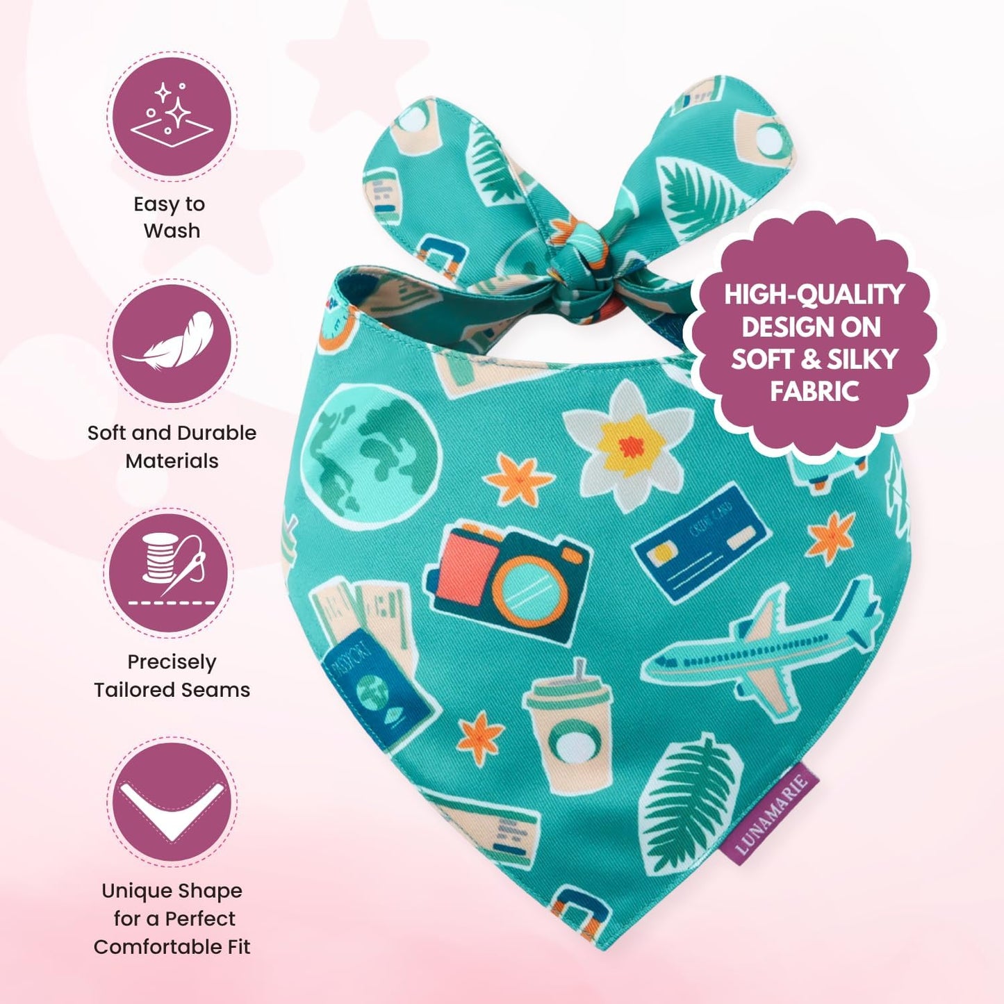 LunaMarie - Luxury Pet Birthday Bandanas -Premium & Silky Poly Fabric | 100% Handmade | Custom Shape Dual Layered (Pawsport Club, Small)