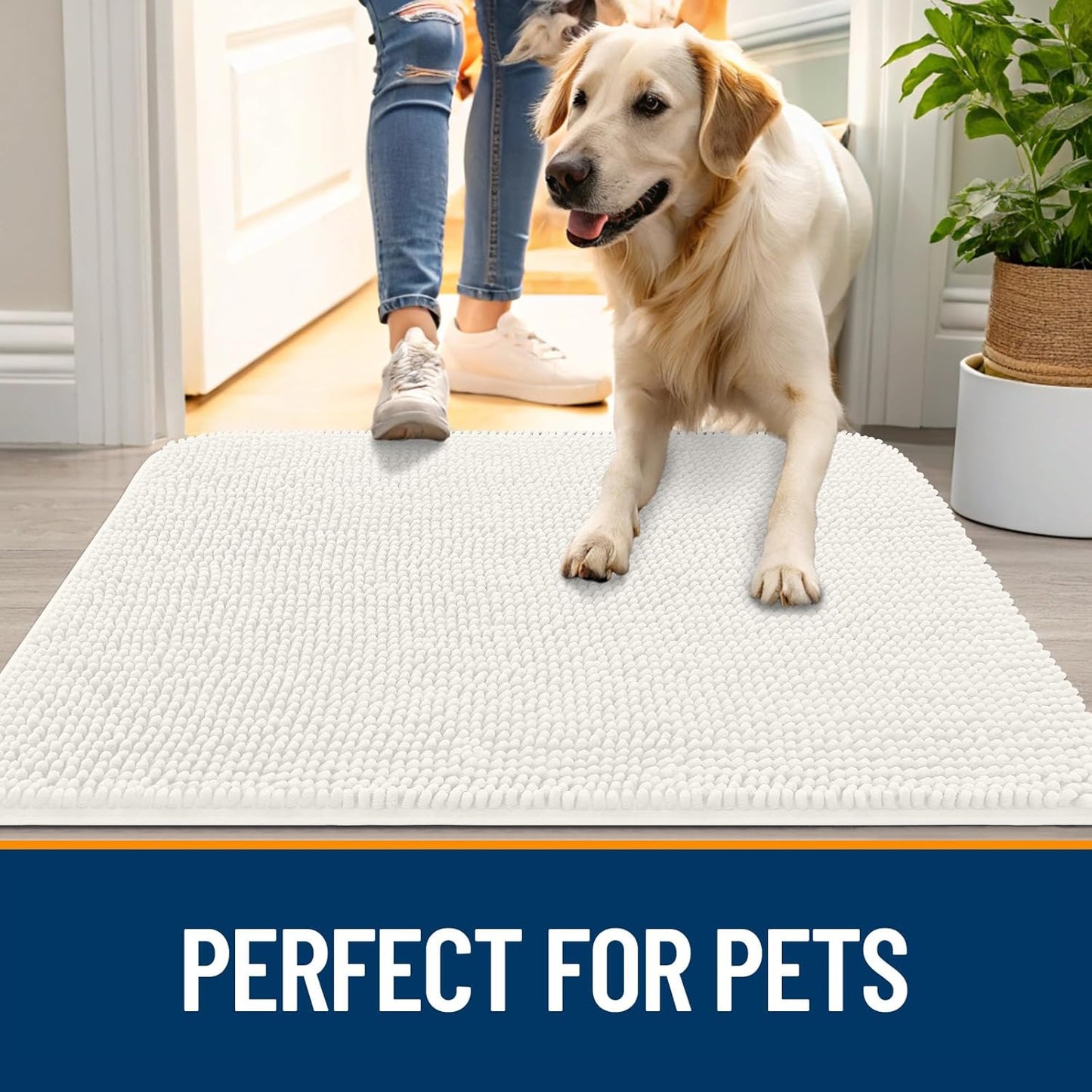 OLANLY Dog Door Mat for Muddy Paws 44x32, Absorbs Moisture and Dirt, Absorbent Non-Slip Washable Doormat, Quick Dry Chenille Mud Mat for Dogs, Entry Indoor Entryway Carpet for Inside Floor, Ivory