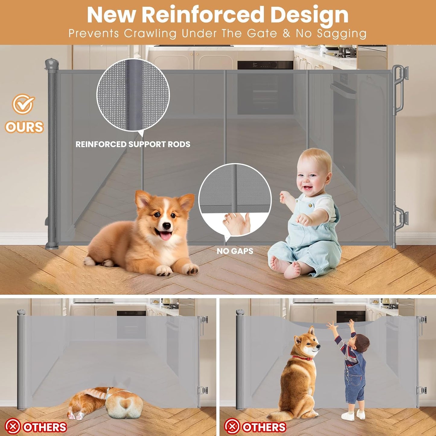 Reinforced Retractable Baby Gate, Mesh Dog Gate, Child Safety Gate for Doorways, Stairs, Hallways, Indoor/Outdoor, Wide Openings -33.5" Tall, Width up to 55" Gray