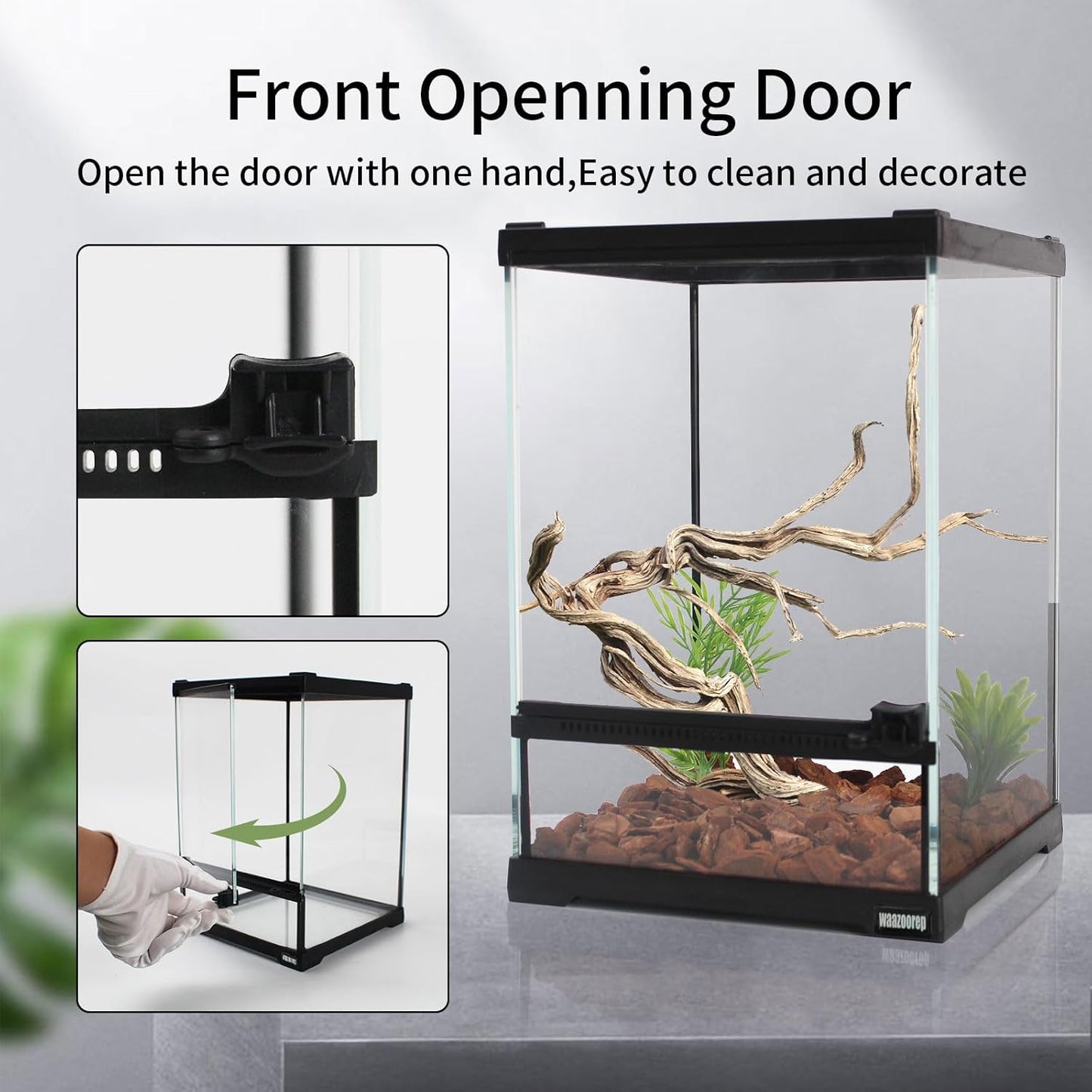 Mini Reptile Glass Terrarium Tank 8"x8"x12“ Full View with Front Opening Door and Enclosure Habitat Cage for Leopard Gecko Tarantula Young Lizard Hermit Crab Frog Insects Breeding Tank