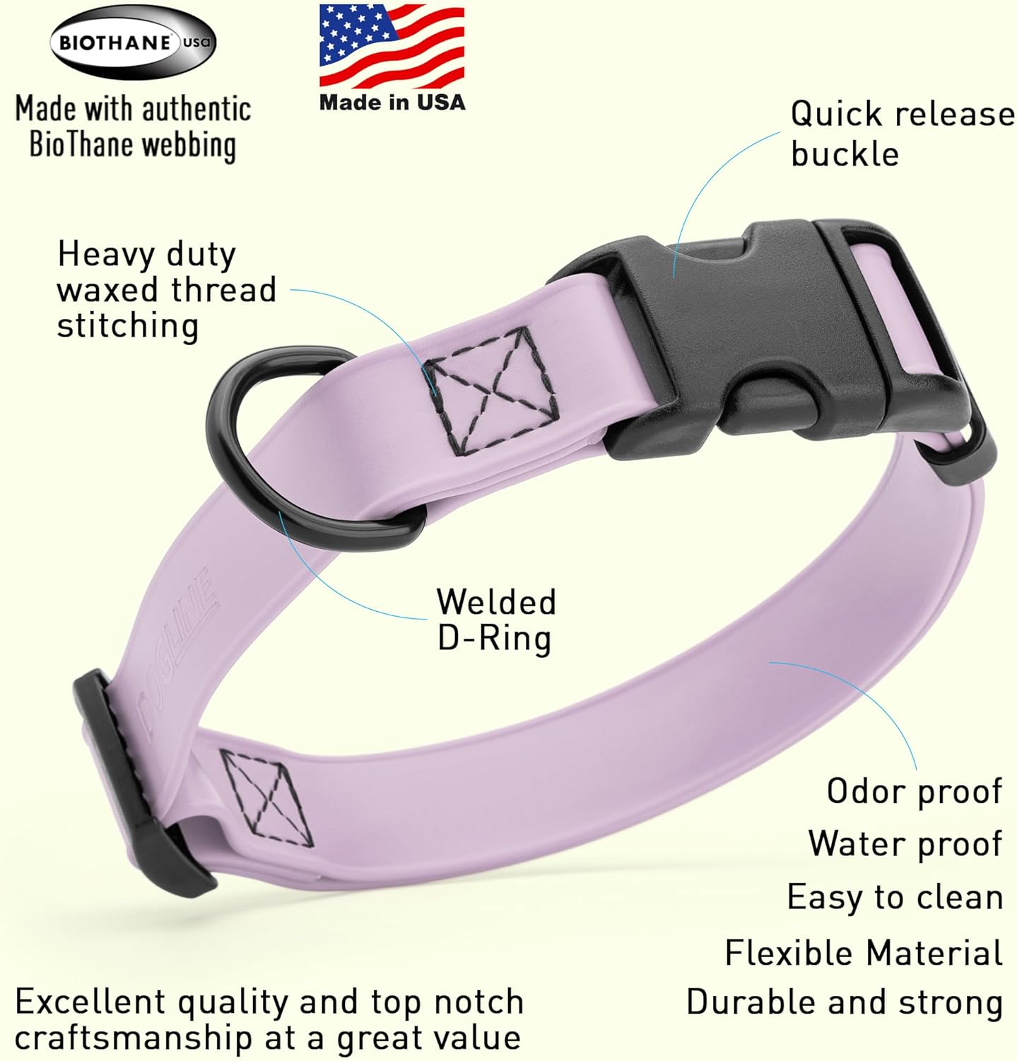 Dogline Biothane Waterproof Dog Collar with Quick Release Buckle Strong Coated Nylon Webbing with Odor- Proof for Easy Care Easy to Clean Fits Small Medium Large Dogs, Lavender 1" W 15-23" L