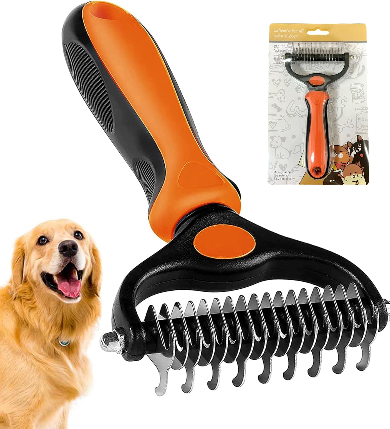 Undercoat Rake for Dogs, 2 in 1 Dematting Comb & Deshedding Tool for Long Hair Pets, Pet Hair Grooming Brush, Clear Mats and Tangles, Reduces Shedding by 95%