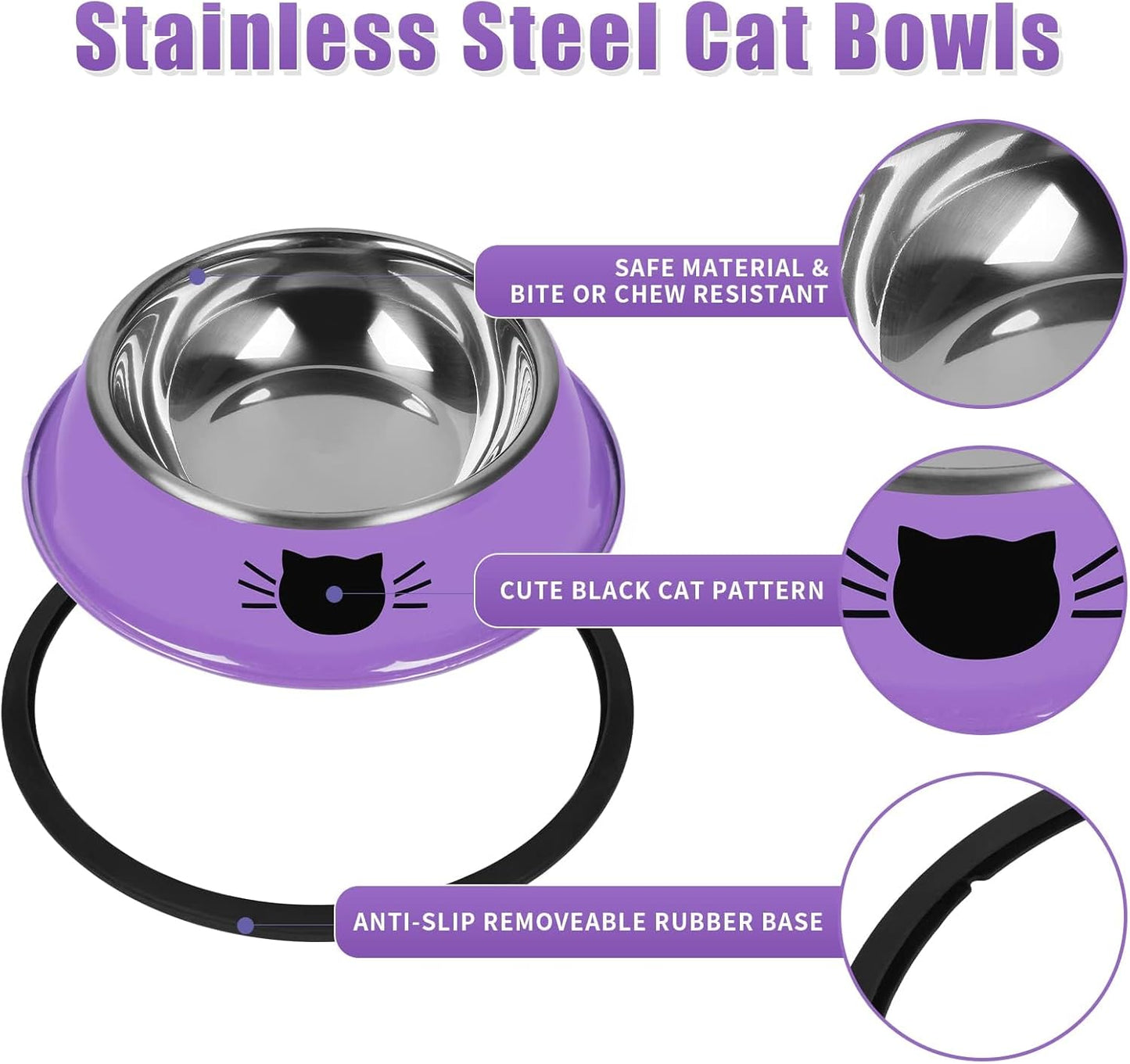 3 Pcs Non-Slip Stainless Steel Small Cat Food Bowls - Unbreakable, Thicken, 7 Oz, Suitable for Indoor Small Pets - Removable Rubber Base, Easily Clean, Lovely Color