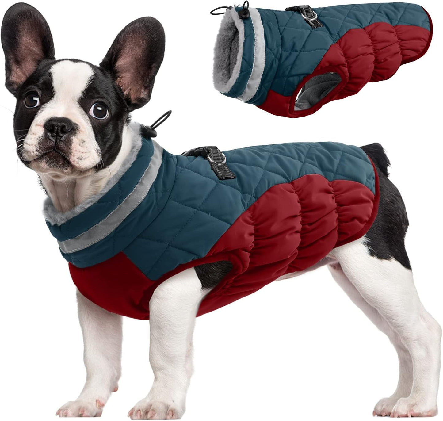 FUAMEY Dog Coat for Small Dogs,Waterproof Dog Winter Jacket with Harness Built in Puppy Cold Weather Coats Reflective Pet Vest with Zipper Warm Fleece Dogs Snowsuit Windproof Dark Blue S