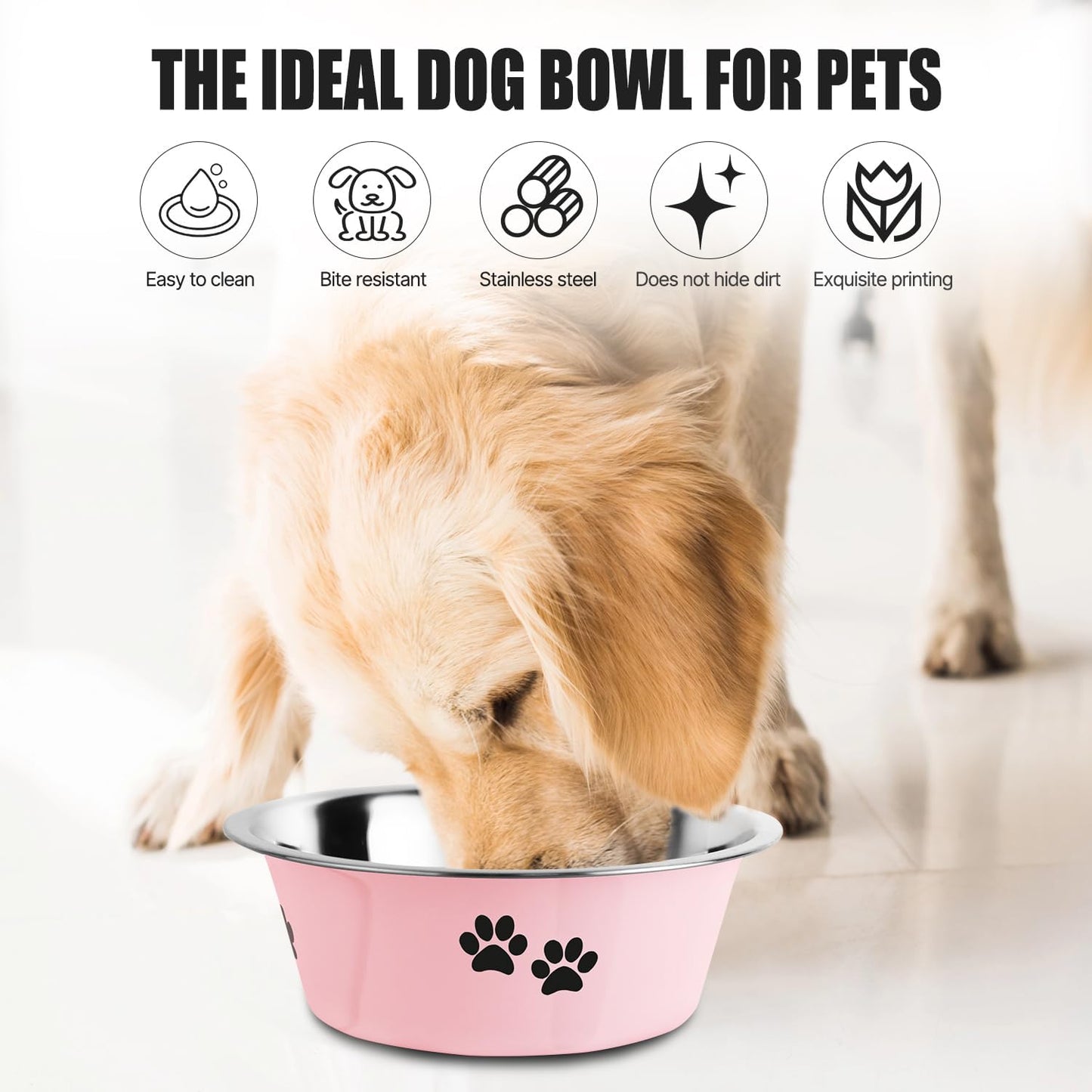 Stainless Steel Dog Bowls, Nonslip Rubber Bottom No Spill Proof Skid Metal Insulated Dog Bowls for Large Medium Small Breed Dogs (Pink, 8.5 Cups/71 OZ)