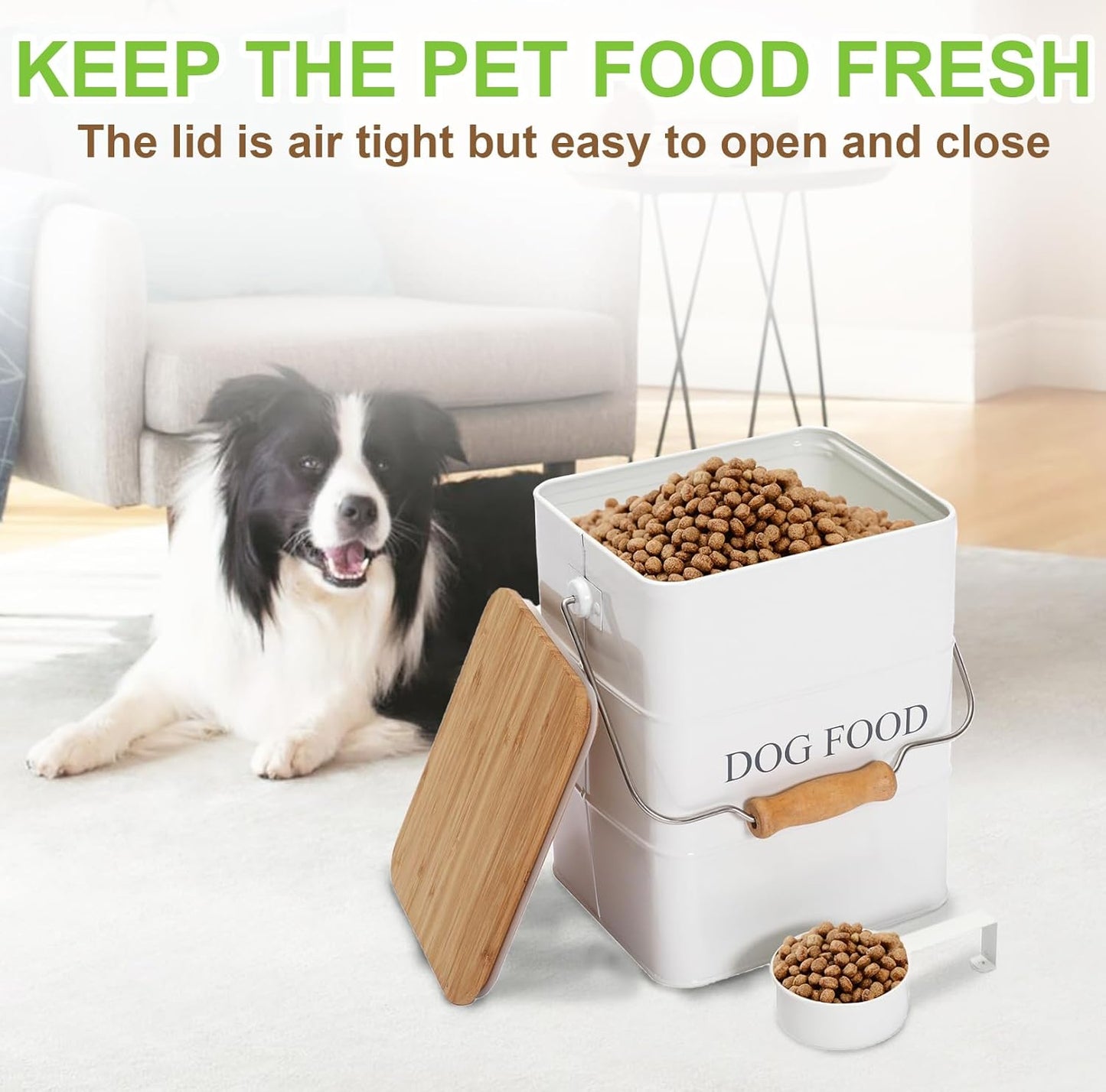 Dog Food storage container Dog Treats Jar,5~6 lb Metal food treats tin for Dog, pet snacks Canisters with wooden lid/handle/sevice scoop-White