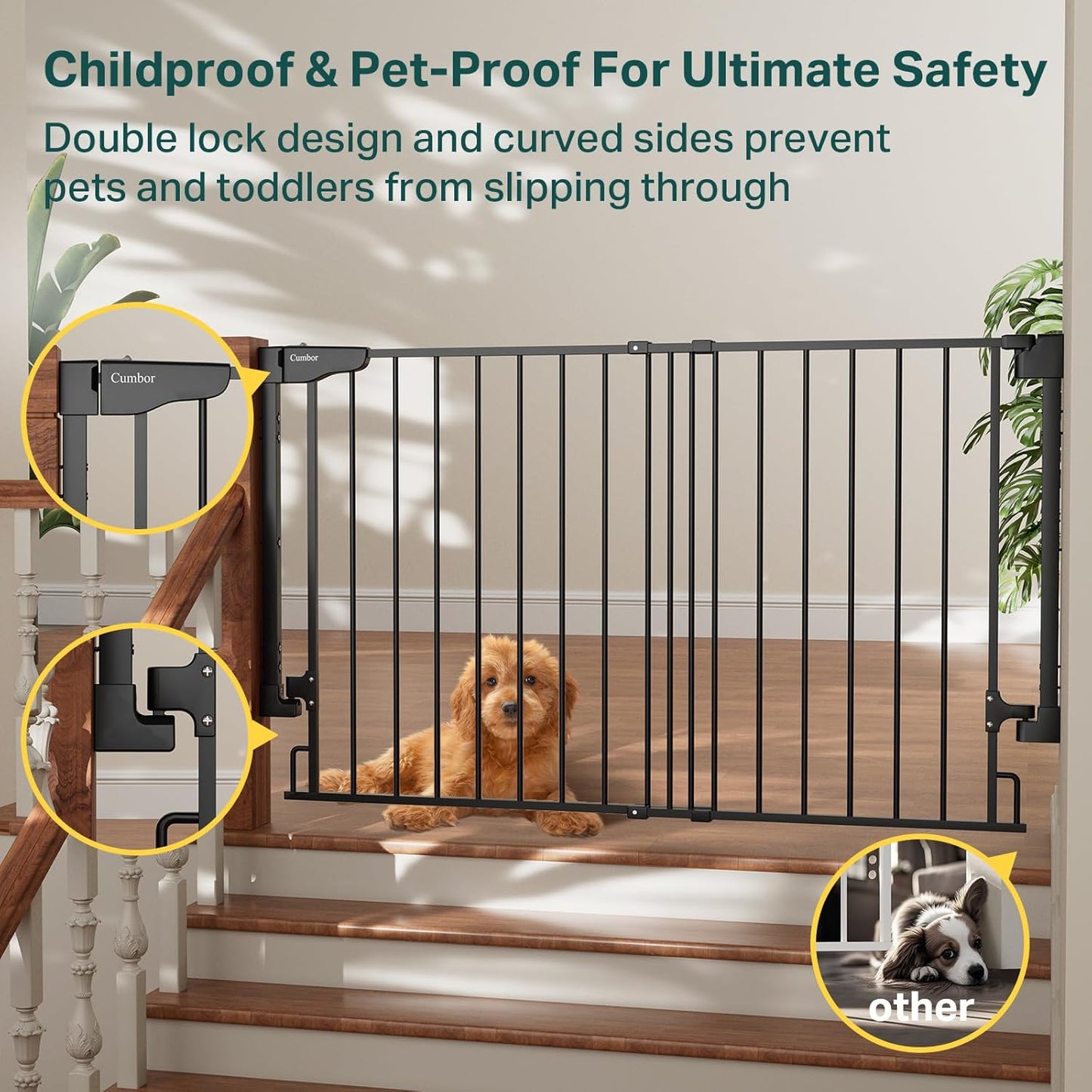 Cumbor 31.6-48" No Bottom Bar Baby Gate for Stairs, 2-in-1 Auto Close Dog Gate Indoor, Hardware Mounted Pet Gate for Doorways with Large Walk Thru Door, Child-Proof Safety Gate for Kids (Black)