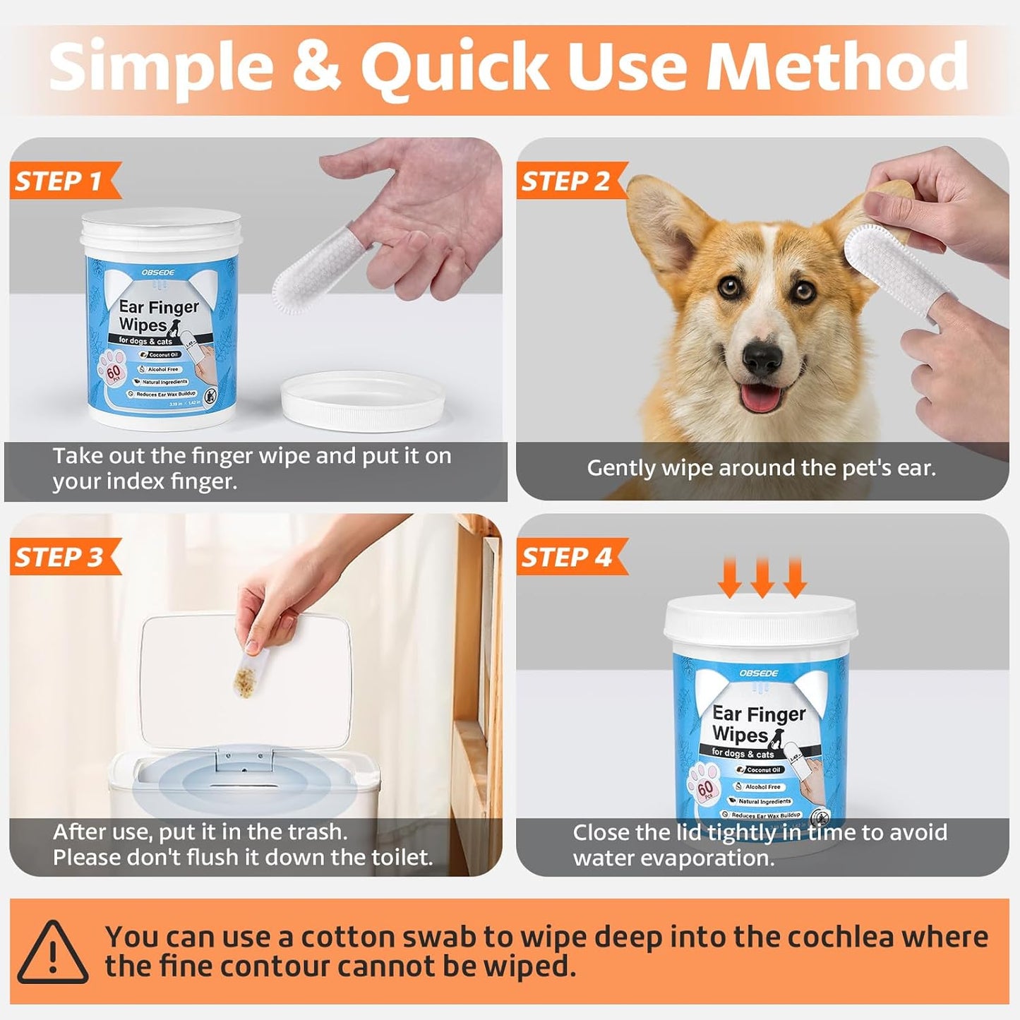 OBSEDE Dog & Cat Ear Wipes, Finger Sleeve Design for Gentle Wax & Dirt Reduce, Odor Control, Fresh Coconut Scent, Easy at-Home Pet Grooming, 120 Count