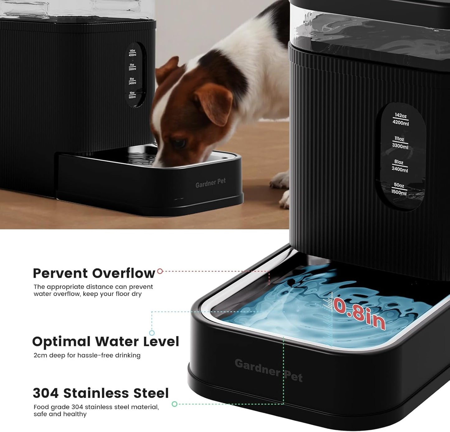 Gardner Pet Automatic Dog Water Dispenser Gravity Waterer with Stainless Steel Bowl Water Dispenser 6.5L Large Capacity Water Feeder for Dogs Cats Pets, BPA-Free Noise-Free (Black, 6.5L)