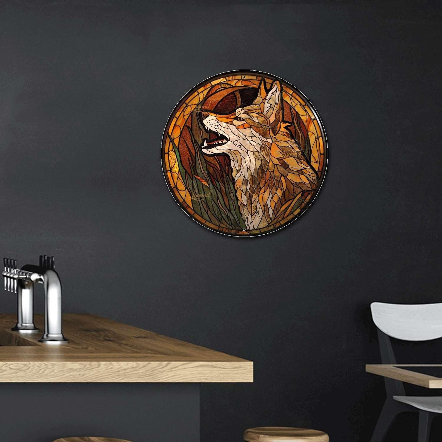 Lygond Metal Sign Tin Sign Circular Stained Glass Coyote Signs for Garden for Pub 12×12 Inches